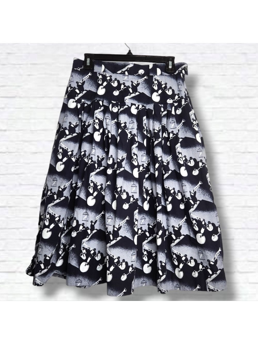 Vintage Made in West Germany A-Line Greyscale Jazz Band Print Lined Skirt Size S